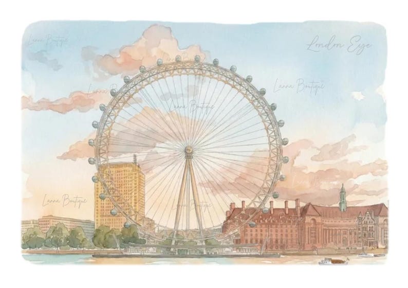 May include: A watercolor illustration of the London Eye ferris wheel set against a soft sunset sky with pink and orange clouds. The scene includes detailed depictions of nearby brick buildings, green trees, and the text London Eye.