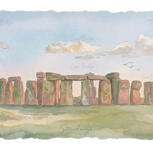 May include: A watercolor painting of Stonehenge featuring large, weathered gray and brown standing stones arranged in a circle against a soft blue sky with white clouds. The text Leona Boutique appears faintly across the image, with Stonehenge written below.