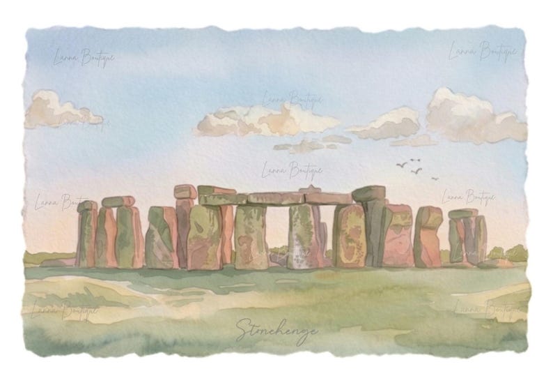 May include: A watercolor painting of Stonehenge featuring large, weathered gray and brown standing stones arranged in a circle against a soft blue sky with white clouds. The text Leona Boutique appears faintly across the image, with Stonehenge written below.