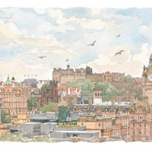 May include: A watercolor painting of the Edinburgh skyline featuring the castle on a hill, the Balmoral Hotel clock tower, and various stone buildings under a soft blue and white cloudy sky with several birds flying in the distance.