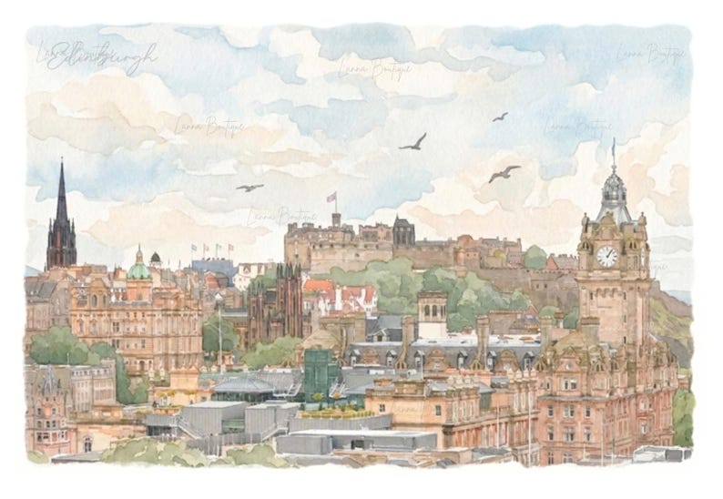 May include: A watercolor painting of the Edinburgh skyline featuring the castle on a hill, the Balmoral Hotel clock tower, and various stone buildings under a soft blue and white cloudy sky with several birds flying in the distance.