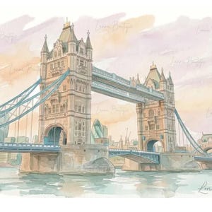 May include: A watercolor illustration of London's Tower Bridge featuring its iconic stone towers and blue suspension cables. The artwork displays a soft, pastel-toned sky in the background and the word London written in cursive script at the bottom right.