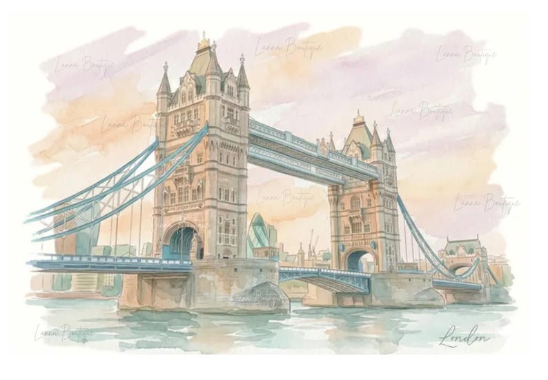 May include: A watercolor illustration of London's Tower Bridge featuring its iconic stone towers and blue suspension cables. The artwork displays a soft, pastel-toned sky in the background and the word London written in cursive script at the bottom right.