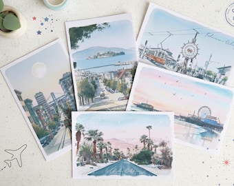 California Travel Watercolor Postcard| San Francisco, Los Angeles, San Diego| USA Travel Art Print