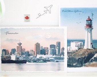 British Columbia Watercolor Postcards| Vancouver & Victoria BC Travel Art, Canadian Souvenir Gift