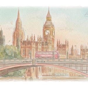 May include: A watercolor illustration of the London skyline featuring Lambeth Bridge in the foreground with a red double-decker bus crossing it. The background displays the Houses of Parliament and Big Ben under a soft, pastel-toned sky.