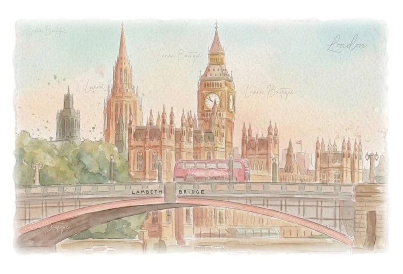 May include: A watercolor illustration of the London skyline featuring Lambeth Bridge in the foreground with a red double-decker bus crossing it. The background displays the Houses of Parliament and Big Ben under a soft, pastel-toned sky.