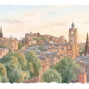 May include: A watercolor painting of the Edinburgh skyline featuring the castle, the Balmoral Hotel clock tower, and surrounding stone buildings. The scene is rendered in soft pastel tones with green trees in the foreground and a pale sky.