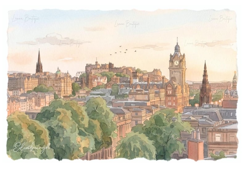 May include: A watercolor painting of the Edinburgh skyline featuring the castle, the Balmoral Hotel clock tower, and surrounding stone buildings. The scene is rendered in soft pastel tones with green trees in the foreground and a pale sky.