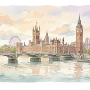May include: A watercolor illustration of the London skyline featuring the Palace of Westminster, Big Ben, and the London Eye over the River Thames. The scene includes a bridge with red buses, soft pastel clouds, and the word London in script.