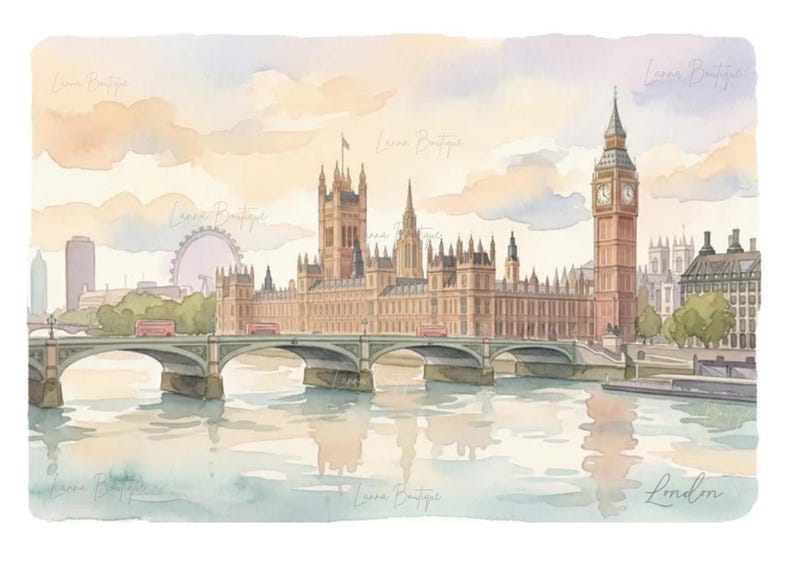 May include: A watercolor illustration of the London skyline featuring the Palace of Westminster, Big Ben, and the London Eye over the River Thames. The scene includes a bridge with red buses, soft pastel clouds, and the word London in script.