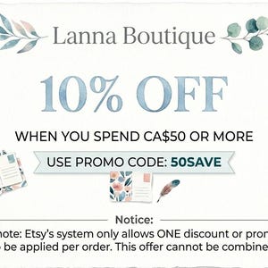 May include: A promotional graphic for Lanna Boutique featuring a 10% discount offer for orders over CA$50 using promo code 50SAVE. The design includes watercolor floral accents in blue and pink, small postcards, and a feather illustration.