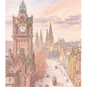 May include: A watercolor painting of the Edinburgh cityscape featuring the Balmoral Hotel clock tower in the foreground, a street with vintage vehicles and pedestrians below, and distant church spires under a soft pastel sunset sky with the text Edinburgh.