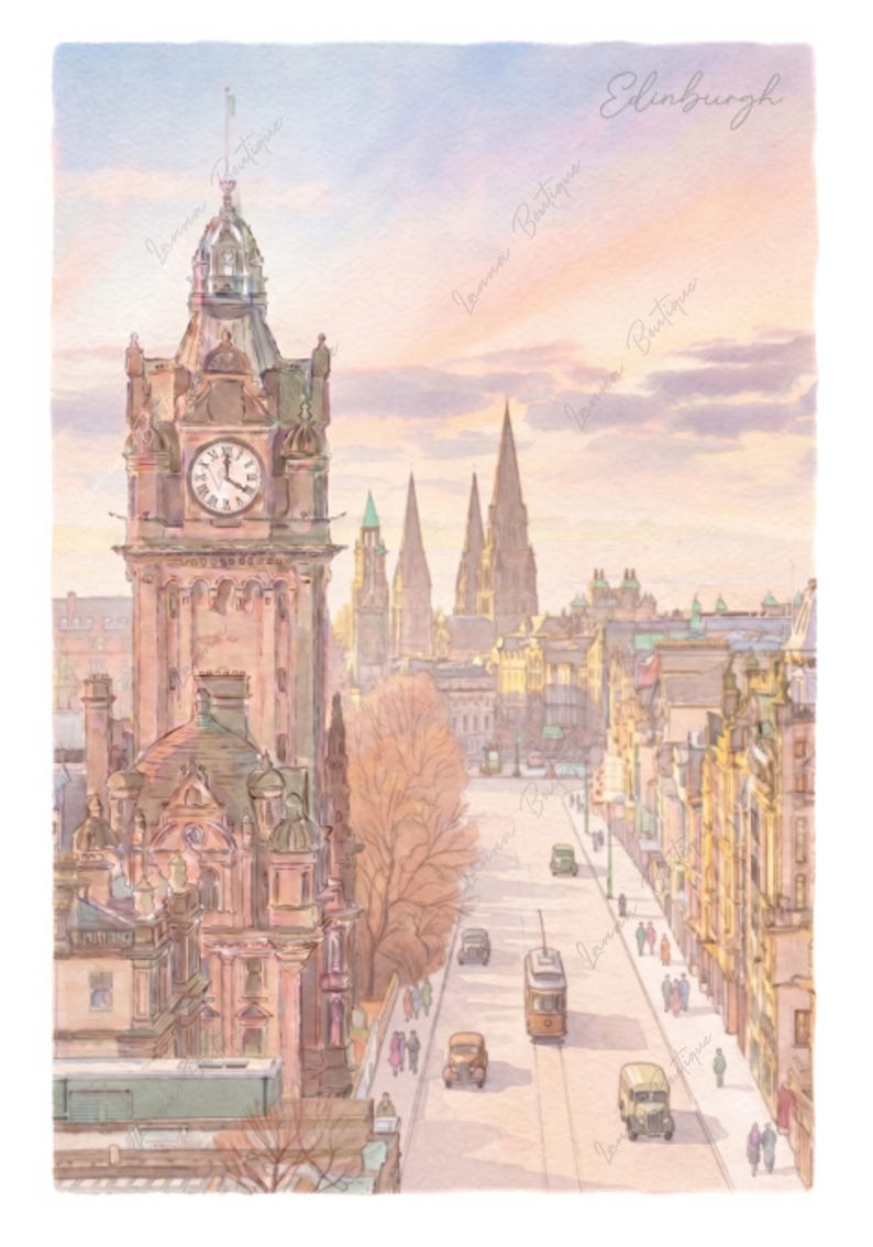 May include: A watercolor painting of the Edinburgh cityscape featuring the Balmoral Hotel clock tower in the foreground, a street with vintage vehicles and pedestrians below, and distant church spires under a soft pastel sunset sky with the text Edinburgh.