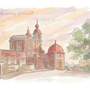 May include: A watercolor illustration of the Royal Observatory Greenwich featuring red brick buildings with domed roofs, a paved courtyard, and a large green tree. The sky is painted in soft pastel shades of pink and orange with the text Royal Observatory Greenwich.