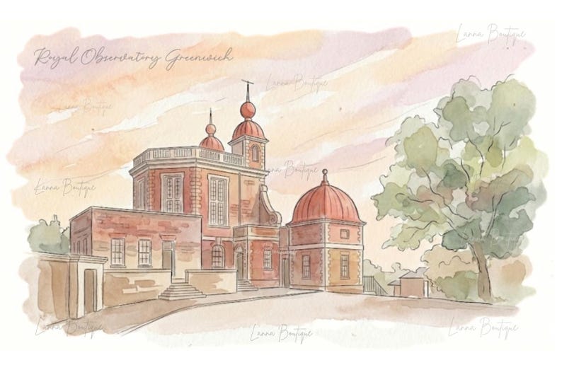 May include: A watercolor illustration of the Royal Observatory Greenwich featuring red brick buildings with domed roofs, a paved courtyard, and a large green tree. The sky is painted in soft pastel shades of pink and orange with the text Royal Observatory Greenwich.