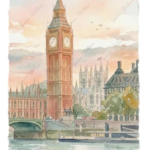 May include: A watercolor painting of the Elizabeth Tower and Big Ben in London, featuring the clock tower, the Houses of Parliament, and a bridge over the River Thames. The sky is painted in soft pastel hues of pink and orange at sunset.