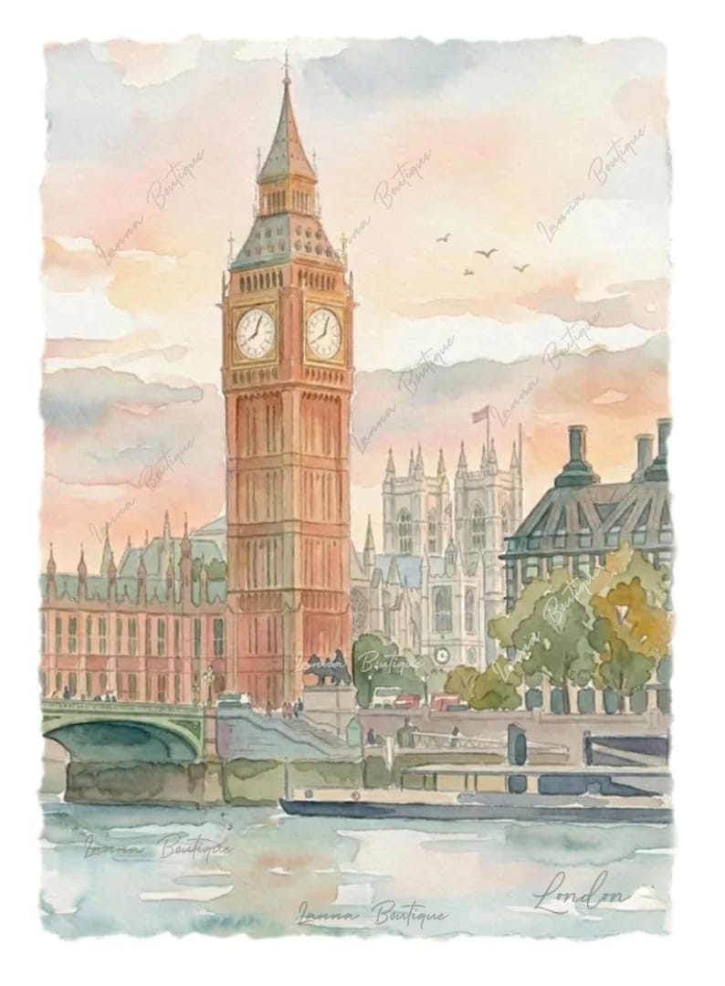 May include: A watercolor painting of the Elizabeth Tower and Big Ben in London, featuring the clock tower, the Houses of Parliament, and a bridge over the River Thames. The sky is painted in soft pastel hues of pink and orange at sunset.