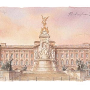May include: A watercolor illustration of Buckingham Palace in London, featuring the Victoria Memorial in the foreground. The scene is rendered in soft peach and brown tones with the text Buckingham Palace written in the upper right corner.
