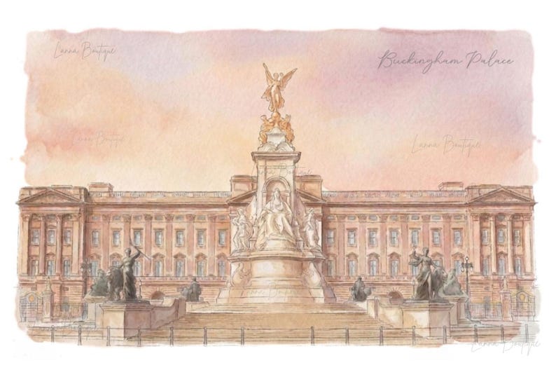 May include: A watercolor illustration of Buckingham Palace in London, featuring the Victoria Memorial in the foreground. The scene is rendered in soft peach and brown tones with the text Buckingham Palace written in the upper right corner.