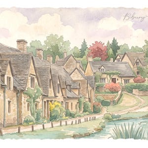 May include: A watercolor painting of Bibury Village featuring a row of stone cottages with grey roofs, a winding path, and a small stream in the foreground. The scene includes lush green trees, soft clouds in the sky, and the text Bibury Village.