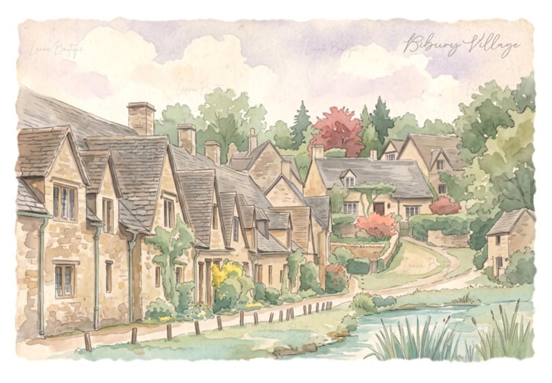 May include: A watercolor painting of Bibury Village featuring a row of stone cottages with grey roofs, a winding path, and a small stream in the foreground. The scene includes lush green trees, soft clouds in the sky, and the text Bibury Village.