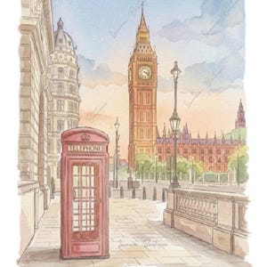 May include: A watercolor illustration of a London street scene featuring a red telephone booth in the foreground, the Elizabeth Tower with Big Ben, and the Palace of Westminster in the background under a soft sky with the word London written above.