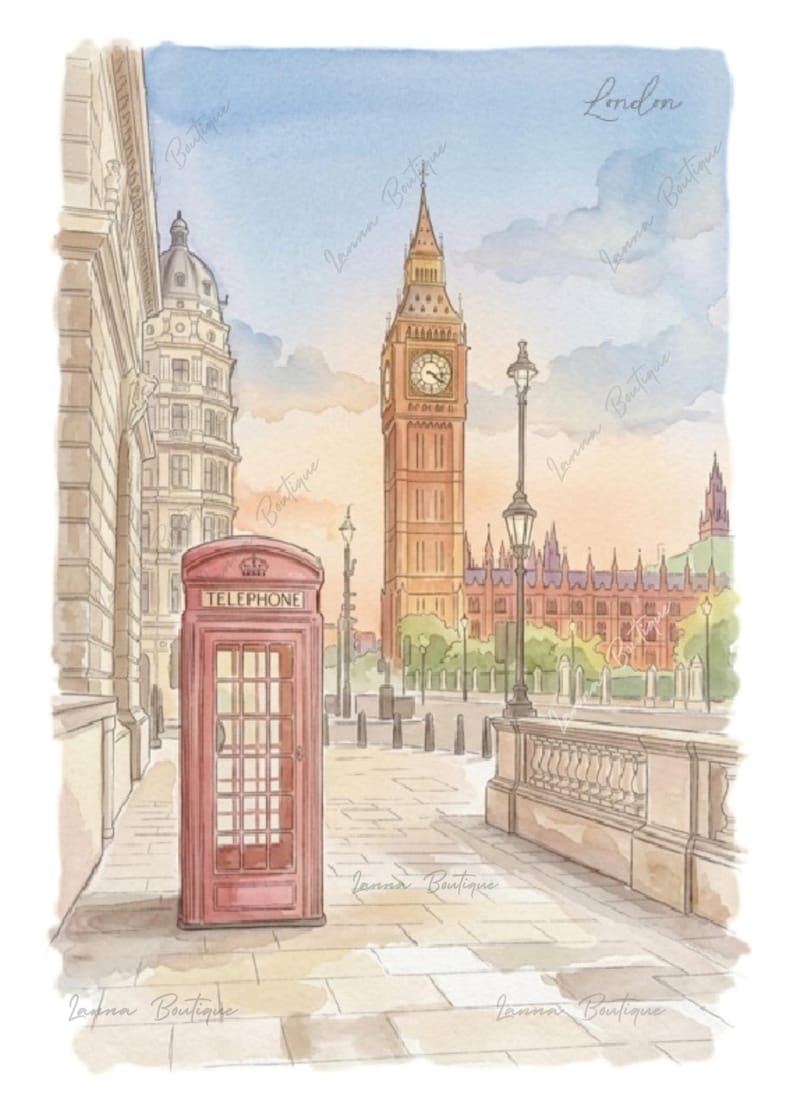 May include: A watercolor illustration of a London street scene featuring a red telephone booth in the foreground, the Elizabeth Tower with Big Ben, and the Palace of Westminster in the background under a soft sky with the word London written above.