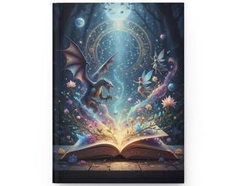May include: A fantasy-themed journal with a hard cover. The cover art depicts an open book with a dragon, fairies, and celestial elements. The pages of the book glow with magical light, surrounded by flowers and crystals. The background shows a forest and a night sky.