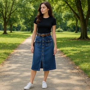 Könnte beinhalten: Eine Frau trägt ein schwarzes T-Shirt und einen dunkelblauen Jeansrock mit Knopfleiste und zwei Vordertaschen. Der Rock wird mit einem braunen Gürtel und weißen Turnschuhen kombiniert. Der Hintergrund ist ein Park mit Bäumen.