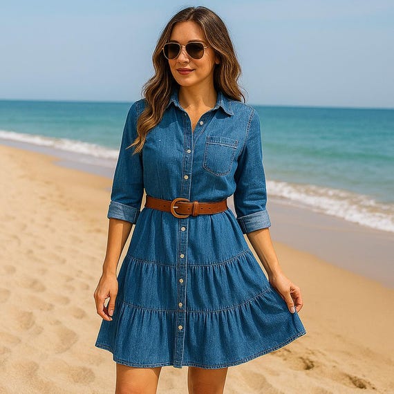 white christmas dresses Big for Your Britches 3/4 Sleeve Denim Midi Dress Small