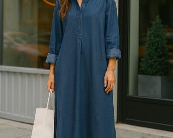 plus size denim dress with sleeves Plus Size Blue Daily Denim Puff Sleeve Babydoll Dress Mini Dress