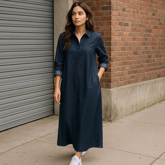 Denim Maxi Shirt Dress: Casual Long Sleeve Button-Down Outfit