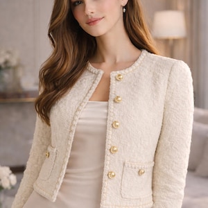 Puede incluir: Chaqueta crema texturizada con cuello redondo y botones dorados. La chaqueta tiene dos bolsillos delanteros y un patrón sutil y texturizado. El conjunto se completa con un vestido crema a juego.