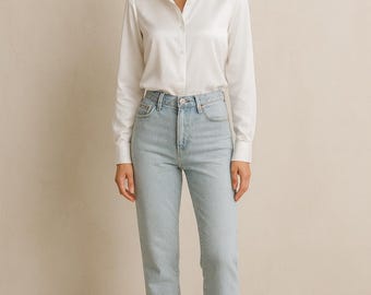 Satin Button-Up Blouse: Elegant Long Sleeve Crew Neck Top