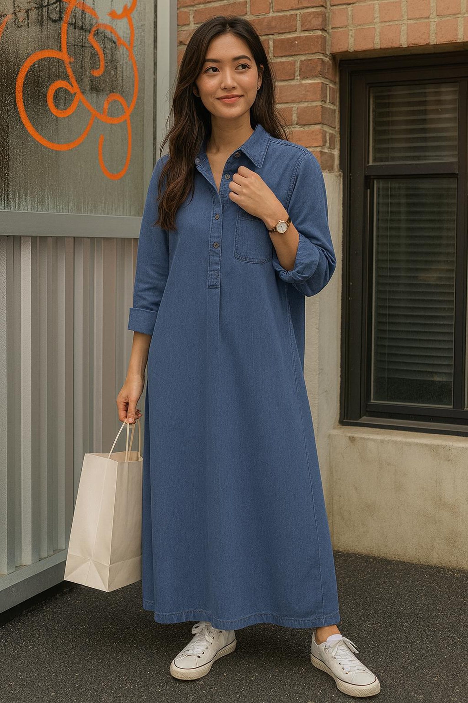 Loose Blue Button Side Open Maxi Denim Dress Summer
