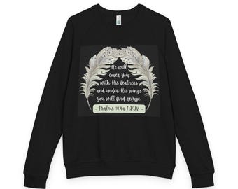 Sudadera con cuello redondo y escrituras del Salmo 91:4 con corona de plumas