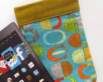 Retro Geometric Print Kindle Sleeve in Teal, Orange, Green Gold with Yellow Green Corduroy, Fits Paperwhite, Voyage, Nook 4, Galaxy Tab