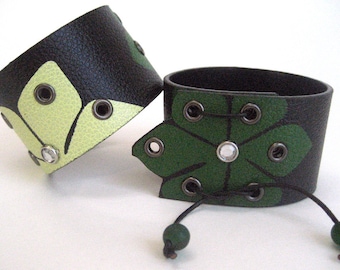 Pair of Fake Leather Cuffs, with Green and Yellow Flowers and Grommets, Upcycled from Tough But Cute Belt