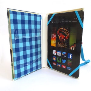 Hide your tablet in a mid-century mystery book with boats on front, blue plaid lining, Fits Kindle Fire, HD7, Fire 7, Galaxy Tab, Nook image 4