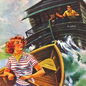 Hide your tablet in a mid-century mystery book with boats on front, blue plaid lining, Fits Kindle Fire, HD7, Fire 7, Galaxy Tab, Nook image 7