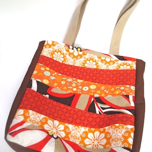 Scrappy Tote Bag, Warm Autumn Colors, Orange, Brown, Gold, Patchwork on Front, Retro Flowers Inside
