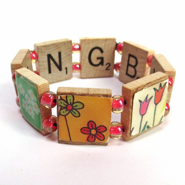 Nothing but Flowers Scrabble Bracelet, with Colorful Images of Tulips, Daisies and More Flowers