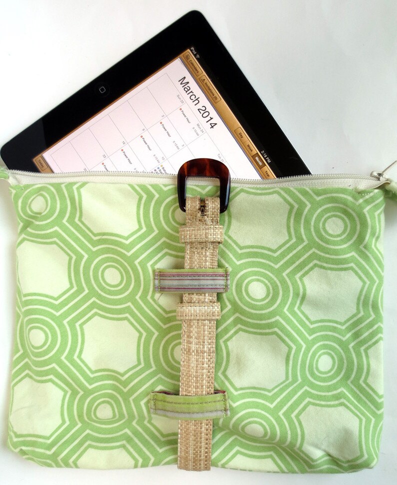 Garden Party Lime Green Bag for iPad, Kindle Fire HD and Nook HD Plus, with Woven Straw Strap image 1