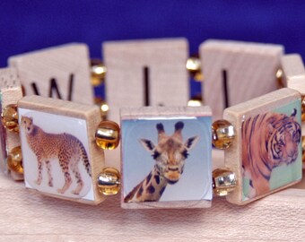 Bracelet for wild animal lovers, upcycled from Scrabble tiles