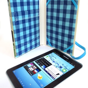 Hide your tablet in a mid-century mystery book with boats on front, blue plaid lining, Fits Kindle Fire, HD7, Fire 7, Galaxy Tab, Nook image 2