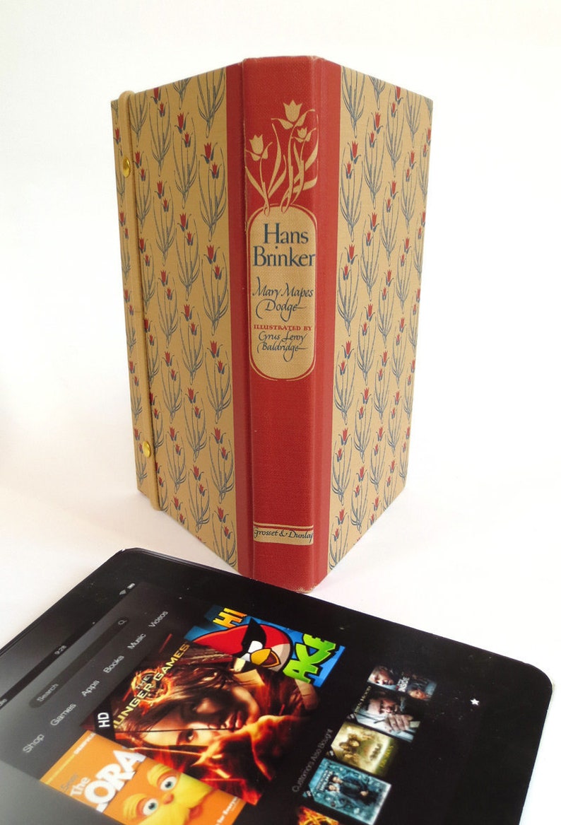 Hans Brinker Book Tablet Case Made from Vintage Hardback, Red Tulips on Front, Teal Lining, Fits iPad Mini, 7 inch Kindle Fire, Nook, LG Pad image 1