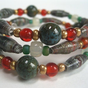 Paper Bead Bangle Bracelet, Marbleized Tones of Green, Grey, and Brown