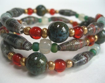 Paper Bead Bangle Bracelet, Marbleized Tones of Green, Grey, and Brown