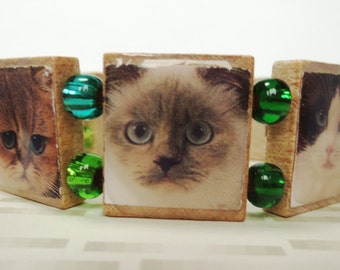 Crazy Cat Lady Scrabble Bracelet, with Cat Face Photos and Blue Green Beads